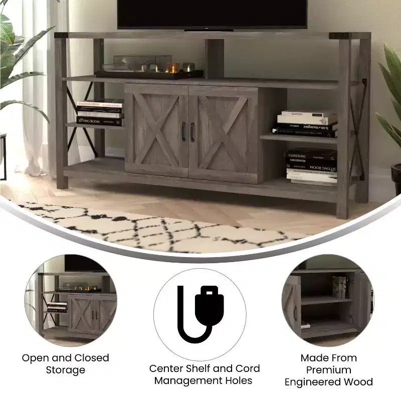 Meuble TV rustique de style campagnard avec rangements ouverts et fermés, meuble TV porte de grange