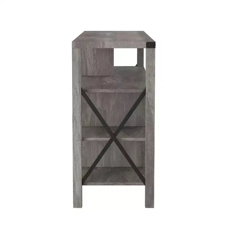 Meuble TV rustique de style campagnard avec rangements ouverts et fermés, meuble TV porte de grange