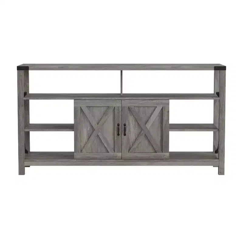 Meuble TV rustique de style campagnard avec rangements ouverts et fermés, meuble TV porte de grange