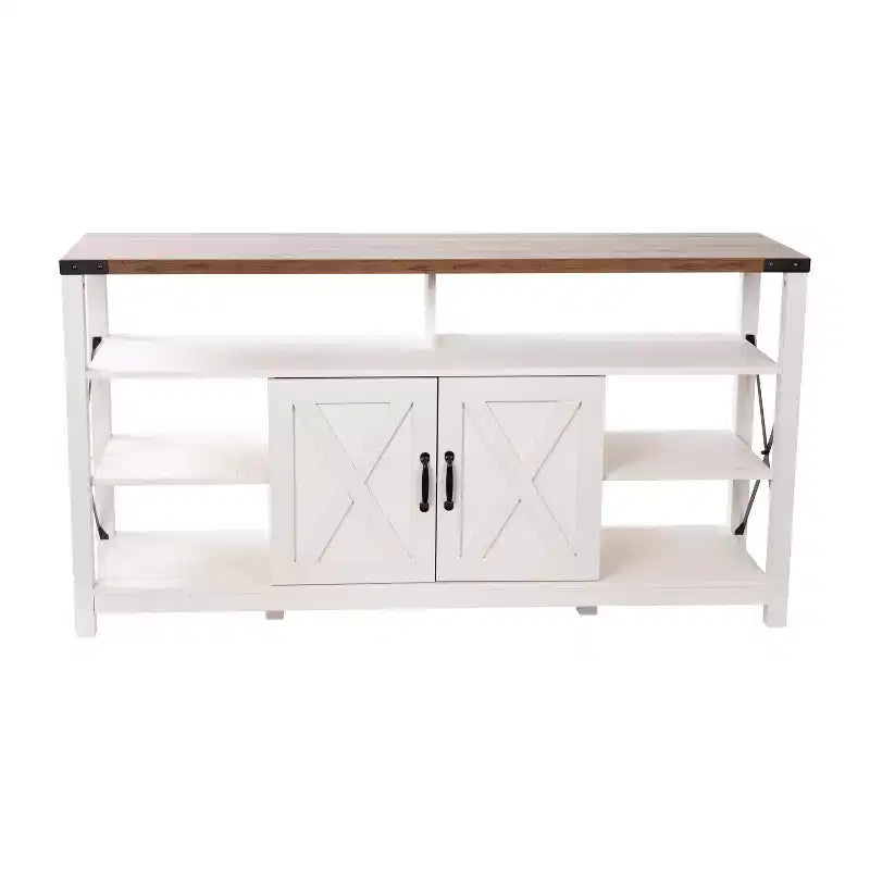 Meuble TV rustique de style campagnard avec rangements ouverts et fermés, meuble TV porte de grange