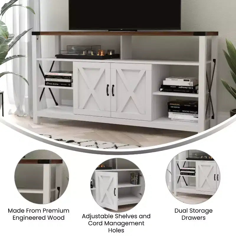 Meuble TV rustique de style campagnard avec rangements ouverts et fermés, meuble TV porte de grange