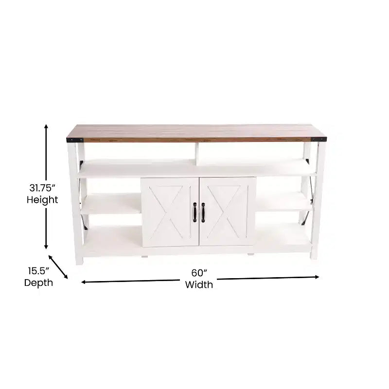 Meuble TV rustique de style campagnard avec rangements ouverts et fermés, meuble TV porte de grange