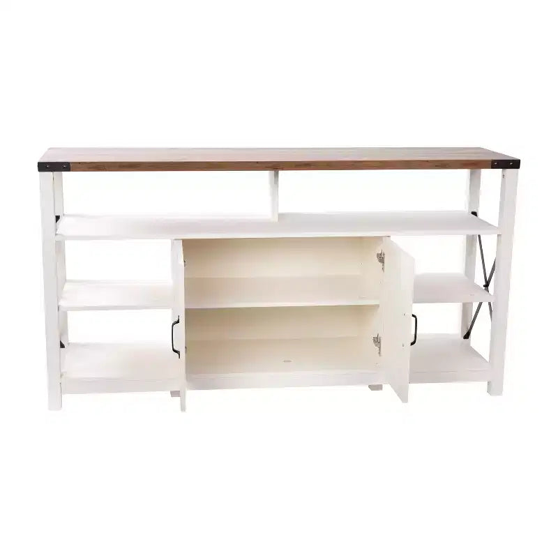 Meuble TV rustique de style campagnard avec rangements ouverts et fermés, meuble TV porte de grange