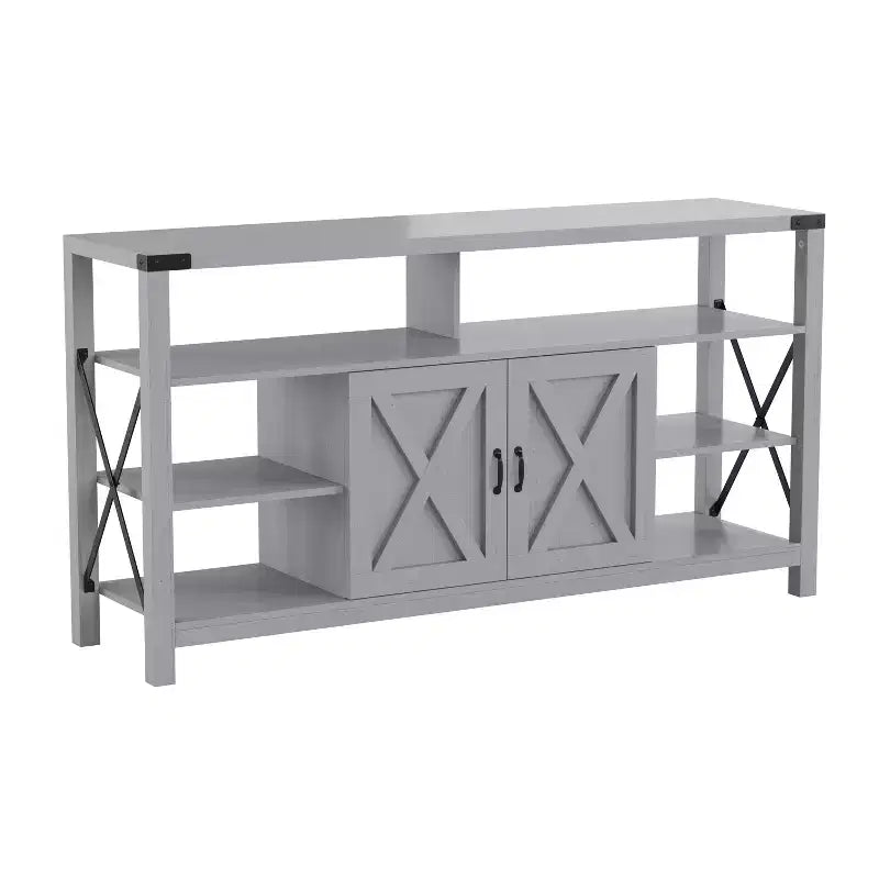 Meuble TV rustique de style campagnard avec rangements ouverts et fermés, meuble TV porte de grange