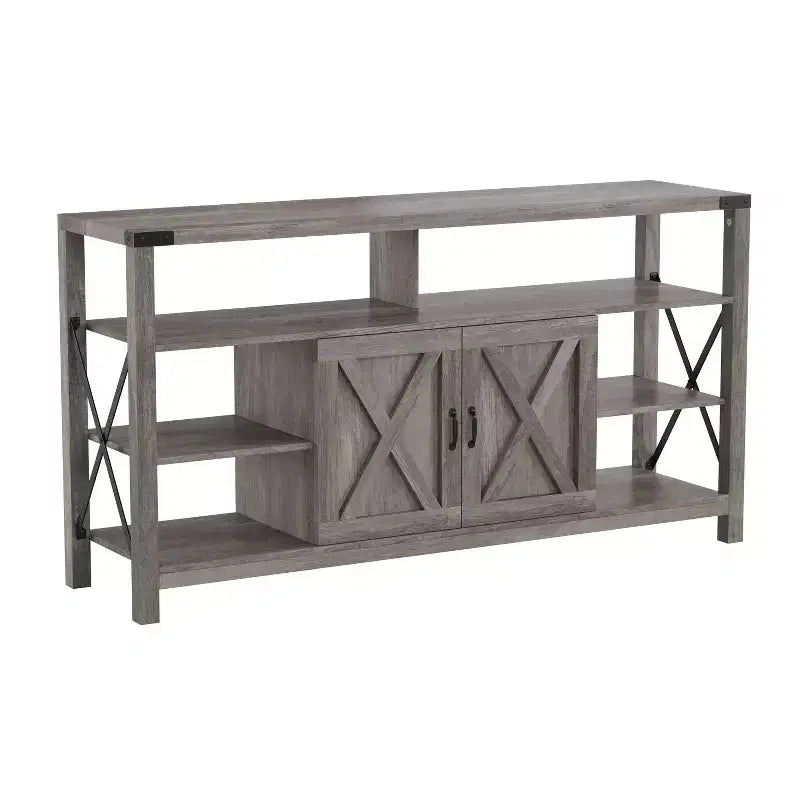 Meuble TV rustique de style campagnard avec rangements ouverts et fermés, meuble TV porte de grange