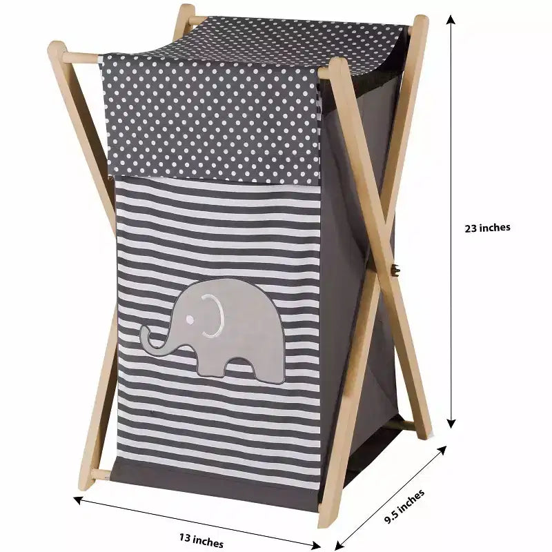 Panier à linge pour enfants en coton pliable blanc/gris motif éléphants avec cadre en bois