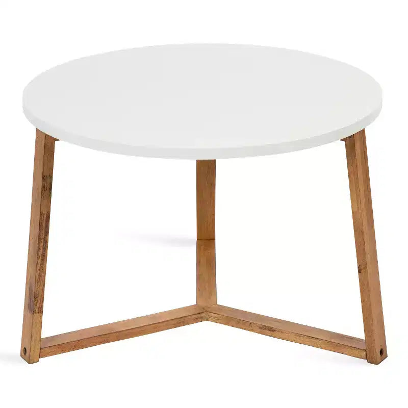 Table basse ronde en MDF, 26"x18", blanc et naturel, design scandinave minimaliste