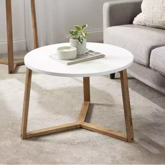 Table basse ronde en MDF, 26"x18", blanc et naturel, design scandinave minimaliste
