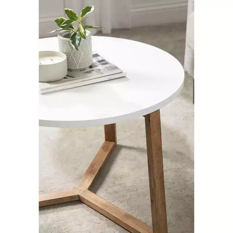 Table basse ronde en MDF, 26"x18", blanc et naturel, design scandinave minimaliste